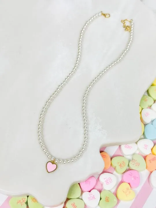 Pearl Bead Heart Charm Necklace - Pink