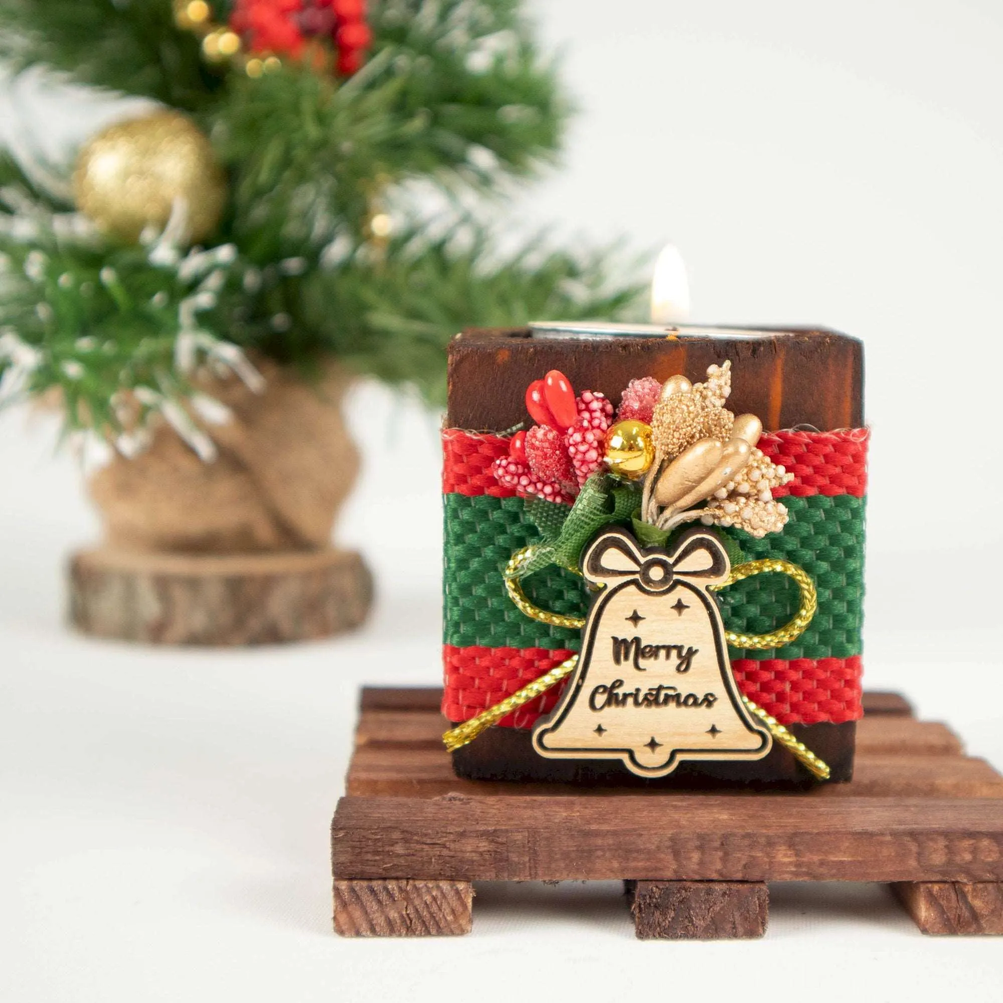 Personalized Christmas New Year Noel Gift Favor Wooden Tealight Holder