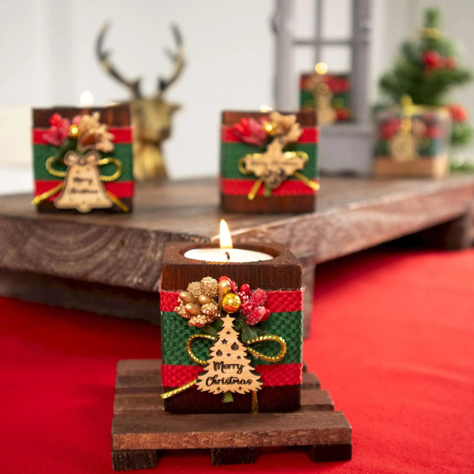 Personalized Christmas New Year Noel Gift Favor Wooden Tealight Holder