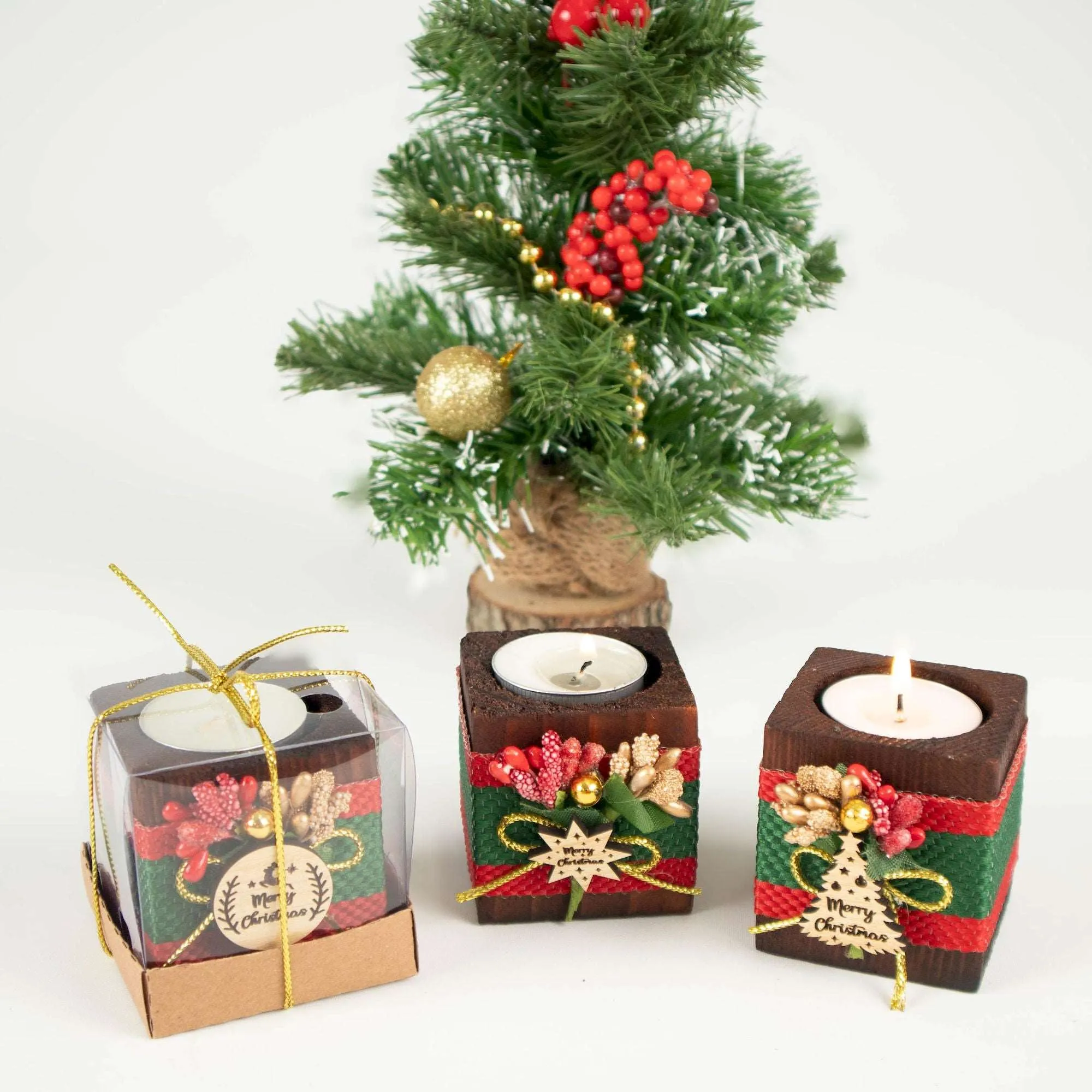 Personalized Christmas New Year Noel Gift Favor Wooden Tealight Holder