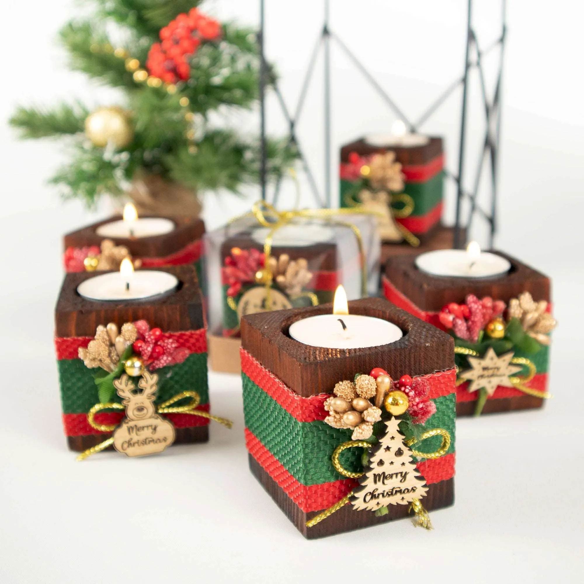 Personalized Christmas New Year Noel Gift Favor Wooden Tealight Holder