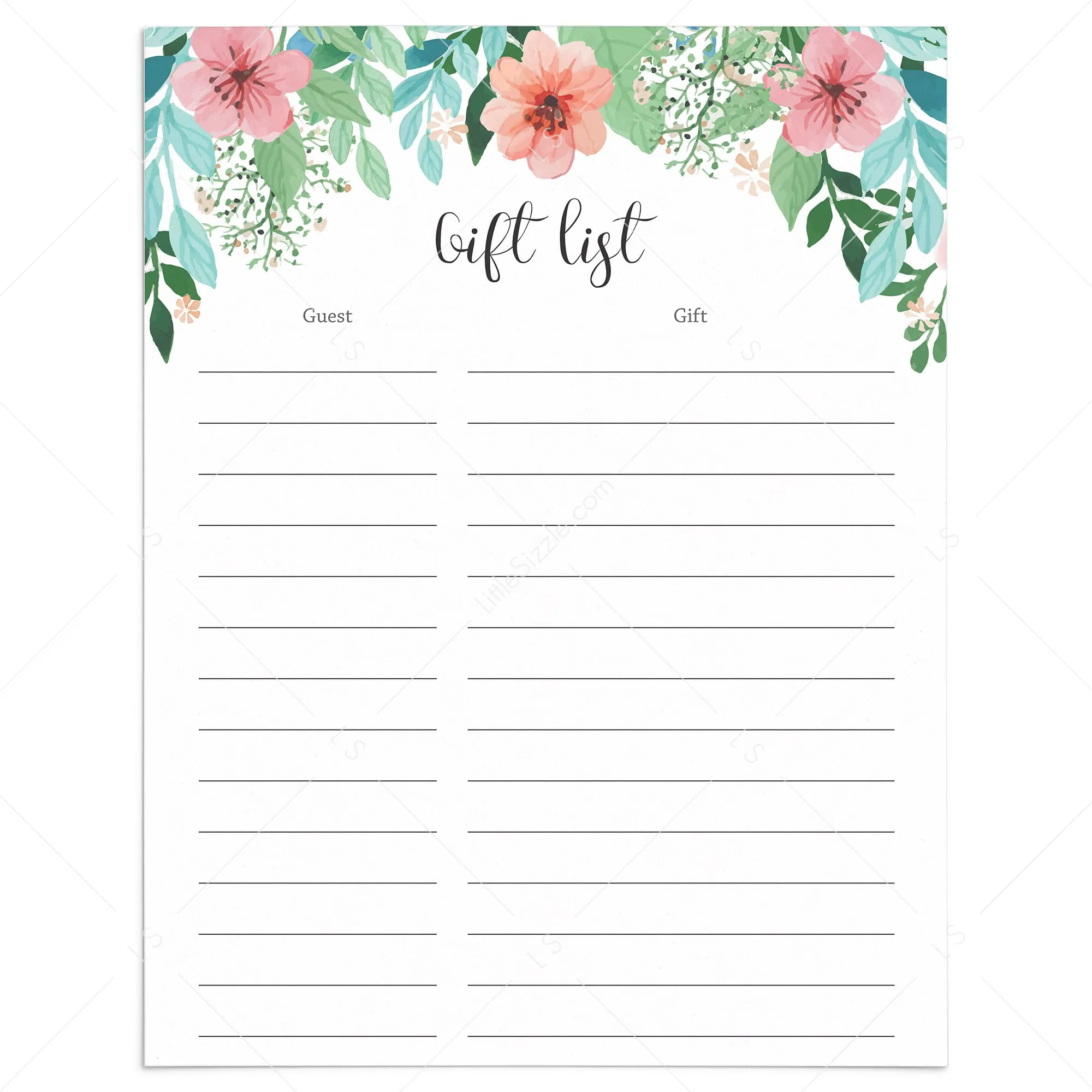 Printable Gift List for Floral Party