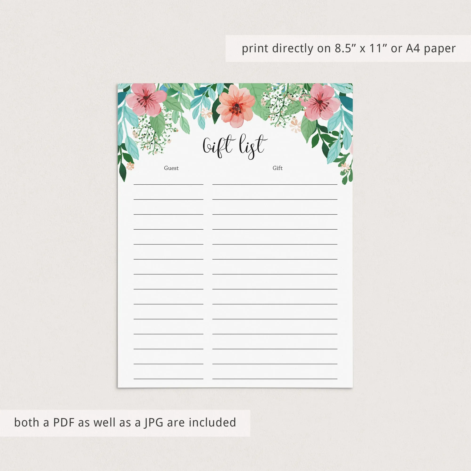 Printable Gift List for Floral Party