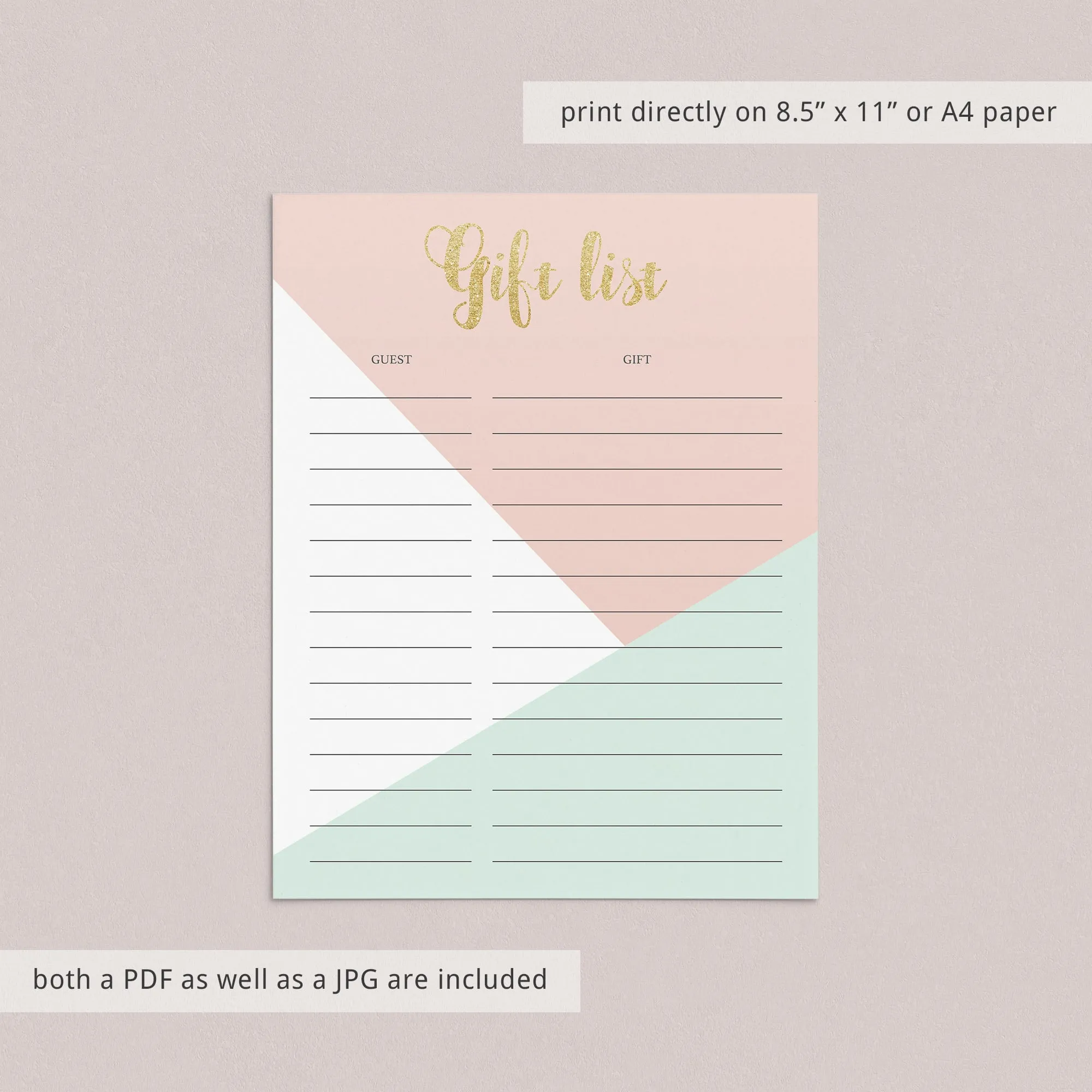 Printable Gift List for Pink and Gold Party