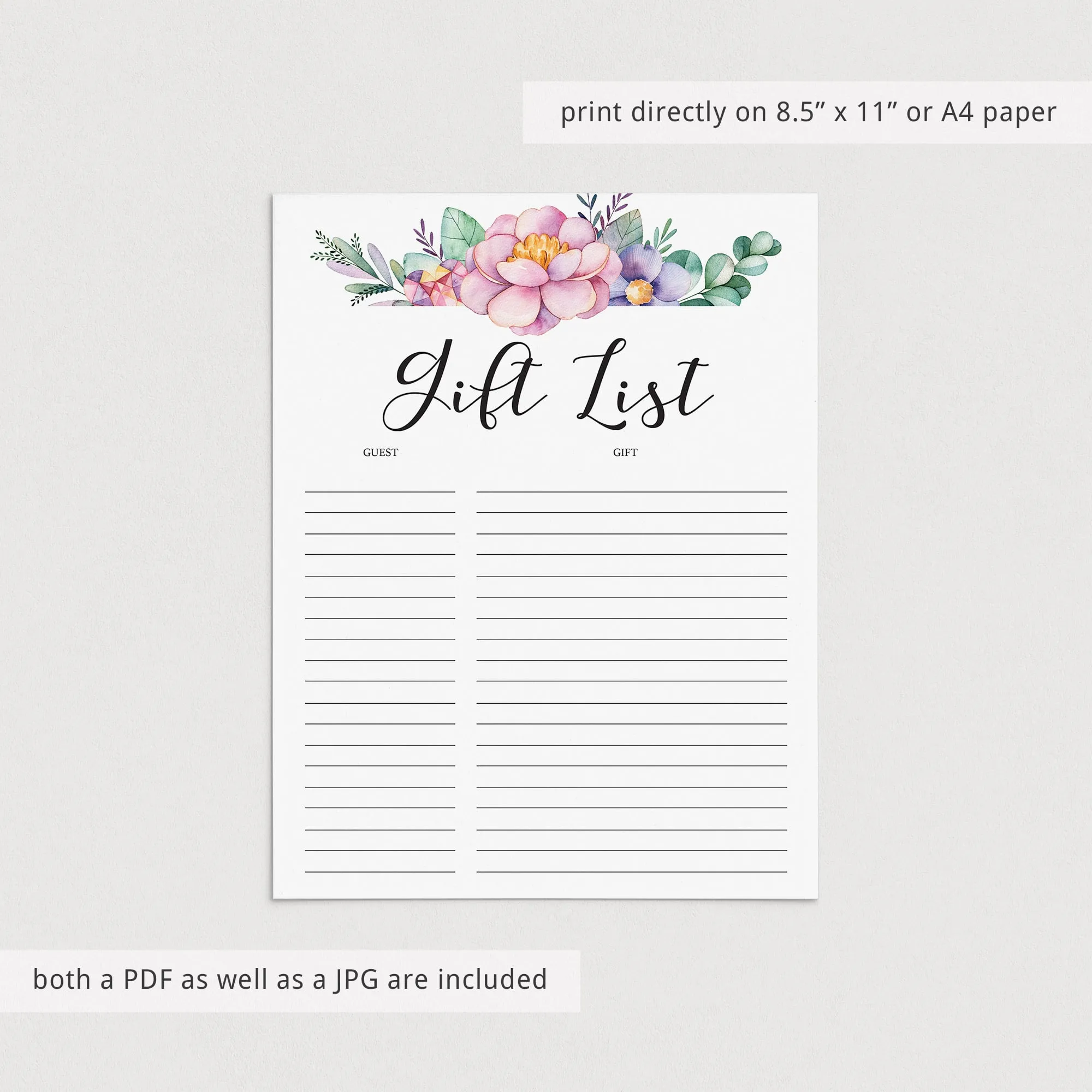 Printable Guest and Gift Tracker for Floral Shower