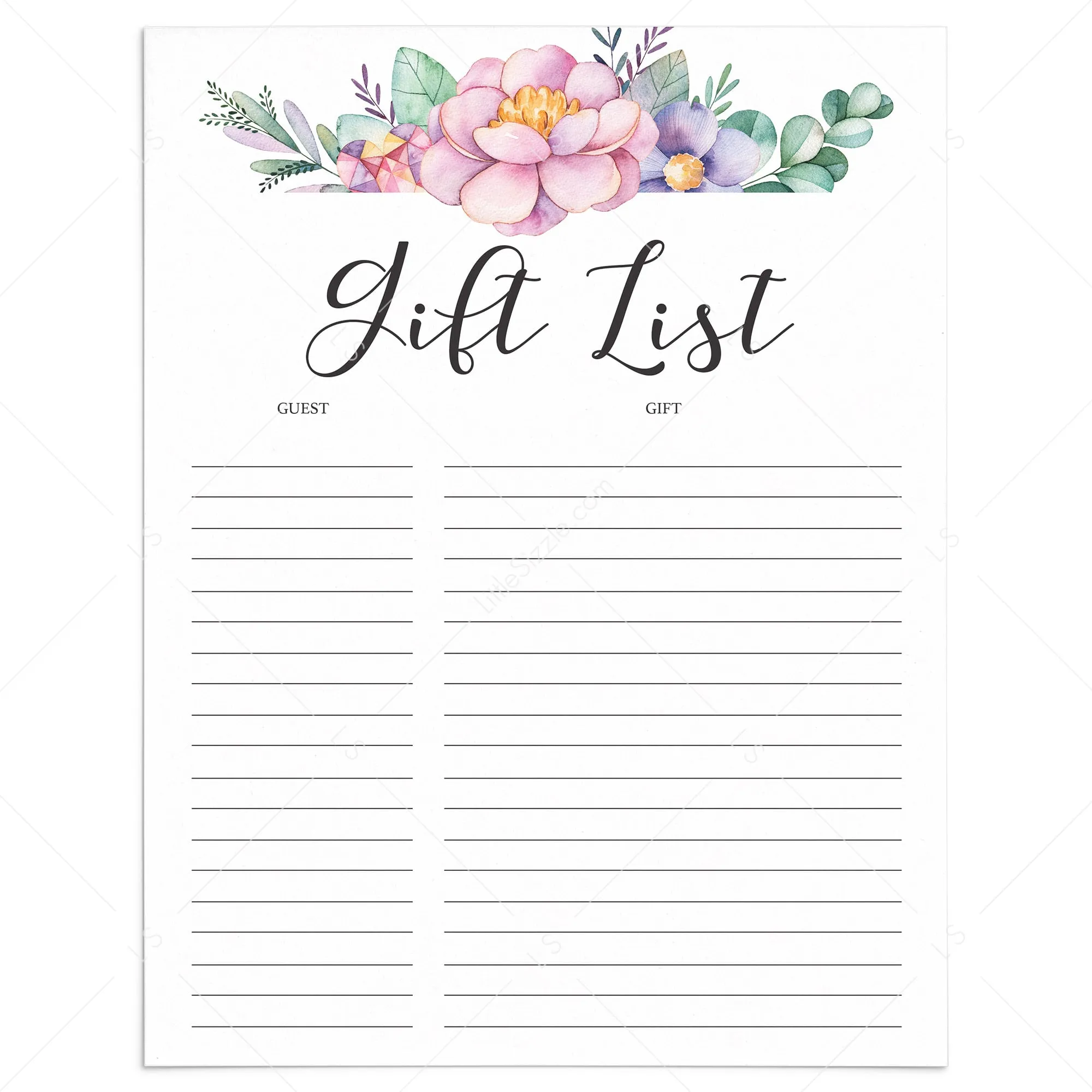 Printable Guest and Gift Tracker for Floral Shower