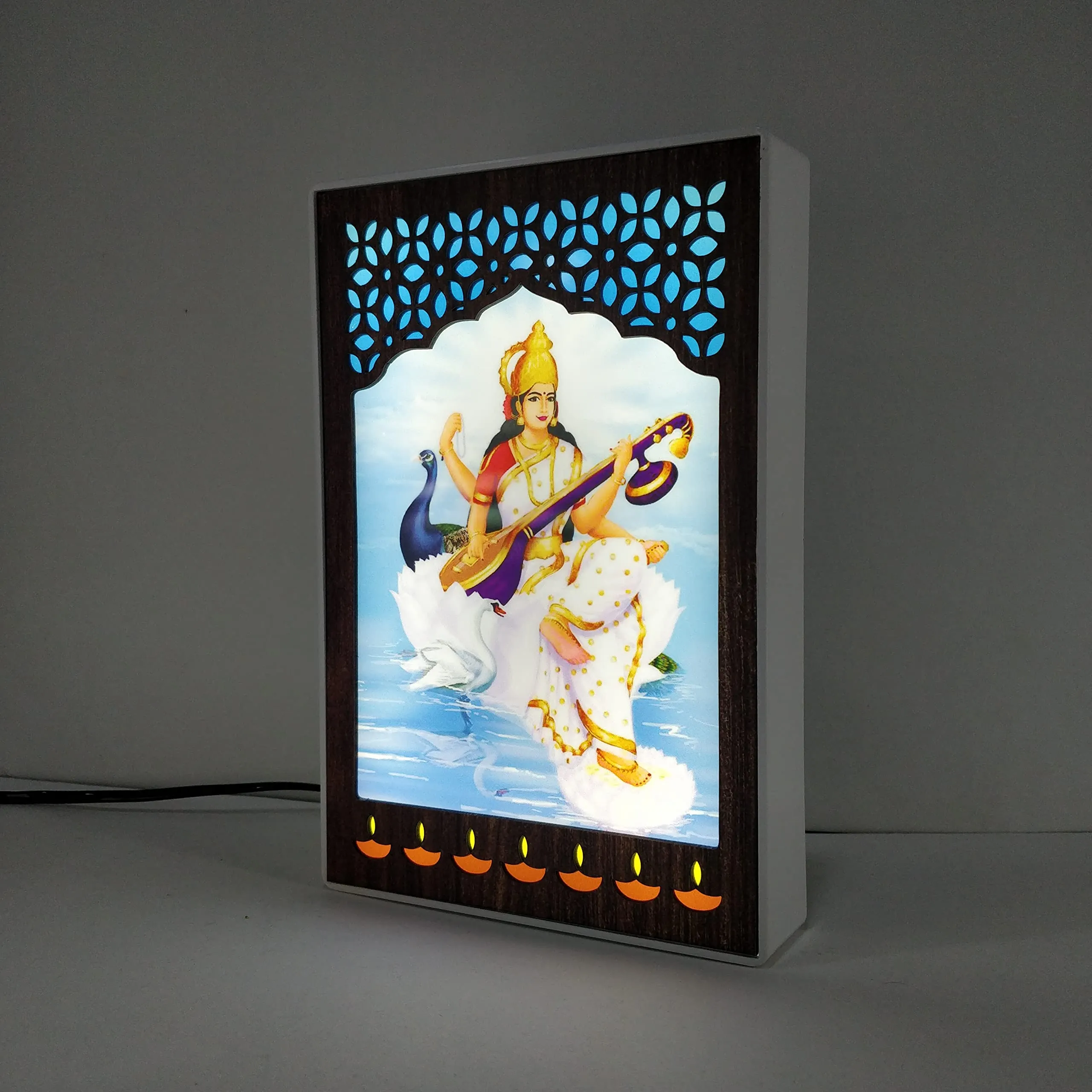 REGALOCASILA Goddess Saraswati Photo Frames With Lights For Pooja Room Home Decor | Religious Frame | Temple Decorative Item | Good Luck Gift | Anniversary Birthday Gifts | Office Decoration