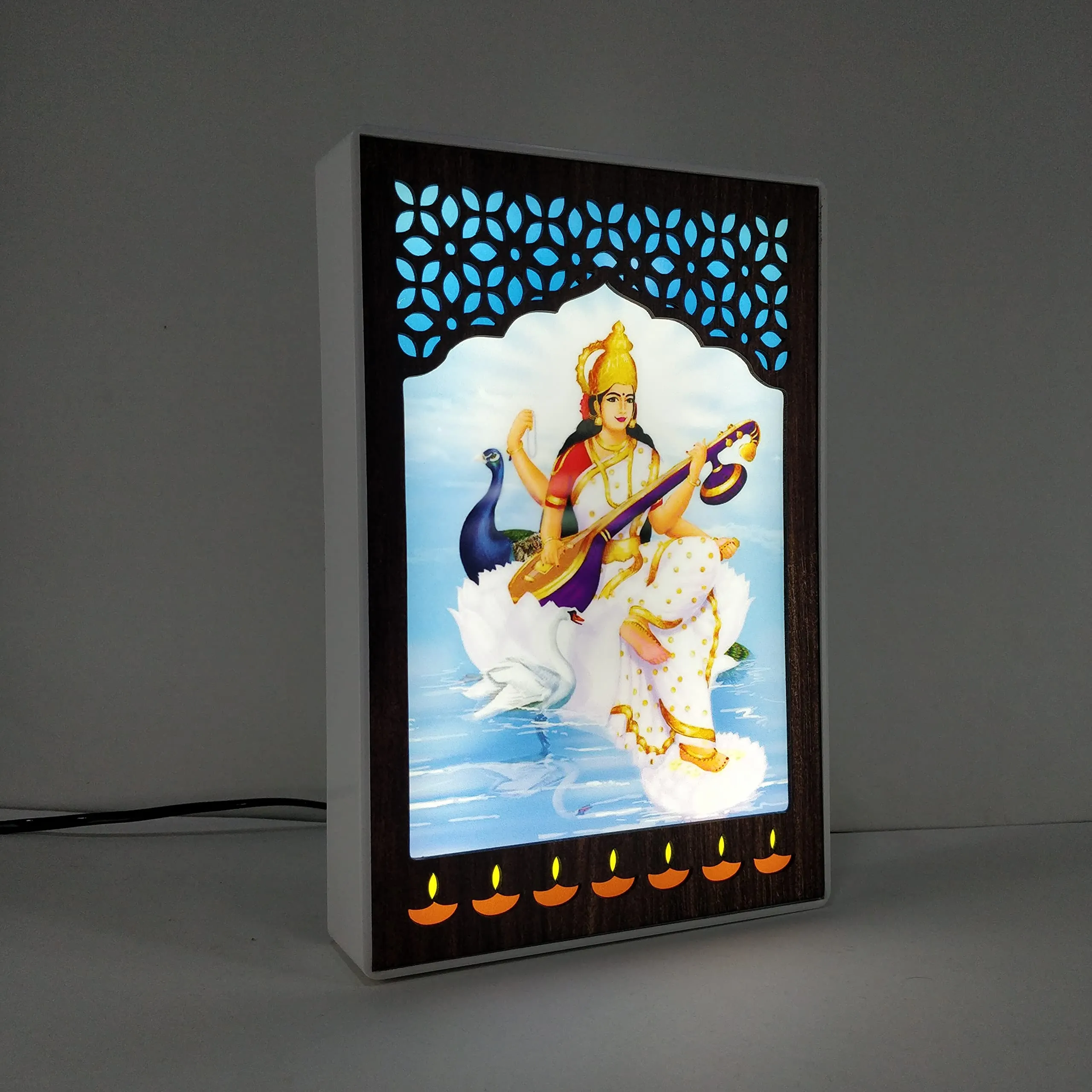 REGALOCASILA Goddess Saraswati Photo Frames With Lights For Pooja Room Home Decor | Religious Frame | Temple Decorative Item | Good Luck Gift | Anniversary Birthday Gifts | Office Decoration