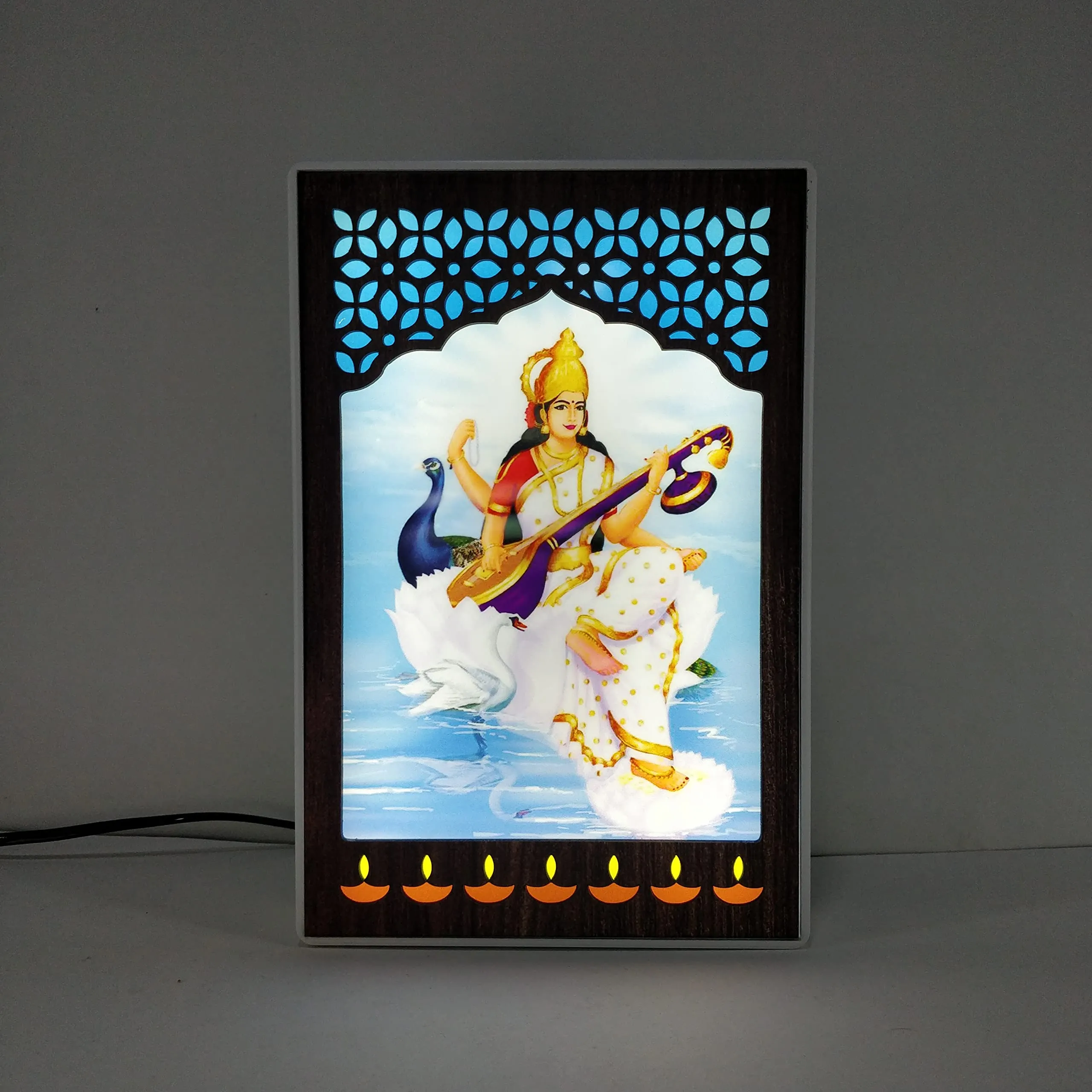 REGALOCASILA Goddess Saraswati Photo Frames With Lights For Pooja Room Home Decor | Religious Frame | Temple Decorative Item | Good Luck Gift | Anniversary Birthday Gifts | Office Decoration