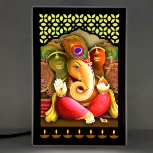 REGALOCASILA Lord Ganesh Photo Frames With Light For Pooja Room Home Decor | Religious Frame | Temple Decoration Good Luck Gift | Office Décor White Cabinet Frame Size : 6 x 9 Inches 7DGLF150