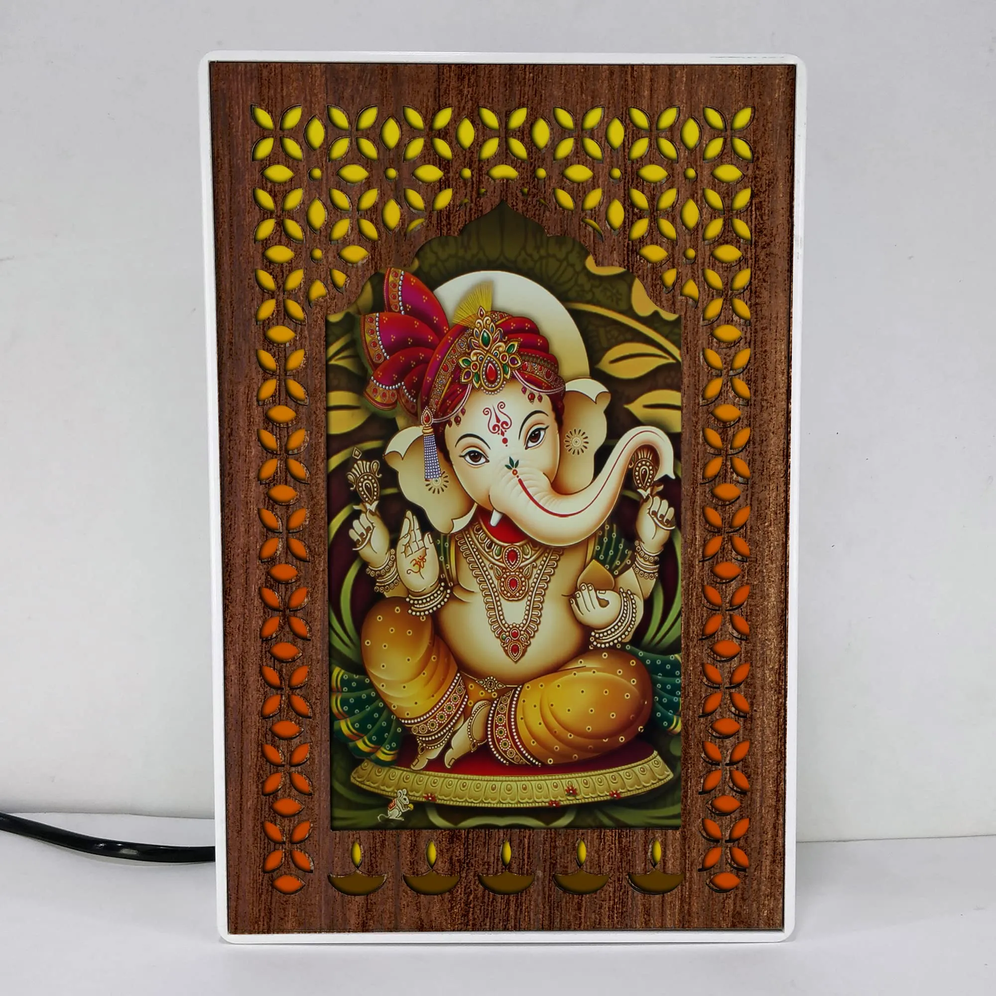 REGALOCASILA Lord Ganesha Photo Frames With Light For Pooja Room Home Decor | Religious Frame | Temple Decoration Good Luck Gift | Office Décor White Cabinet Frame 5DGLF119