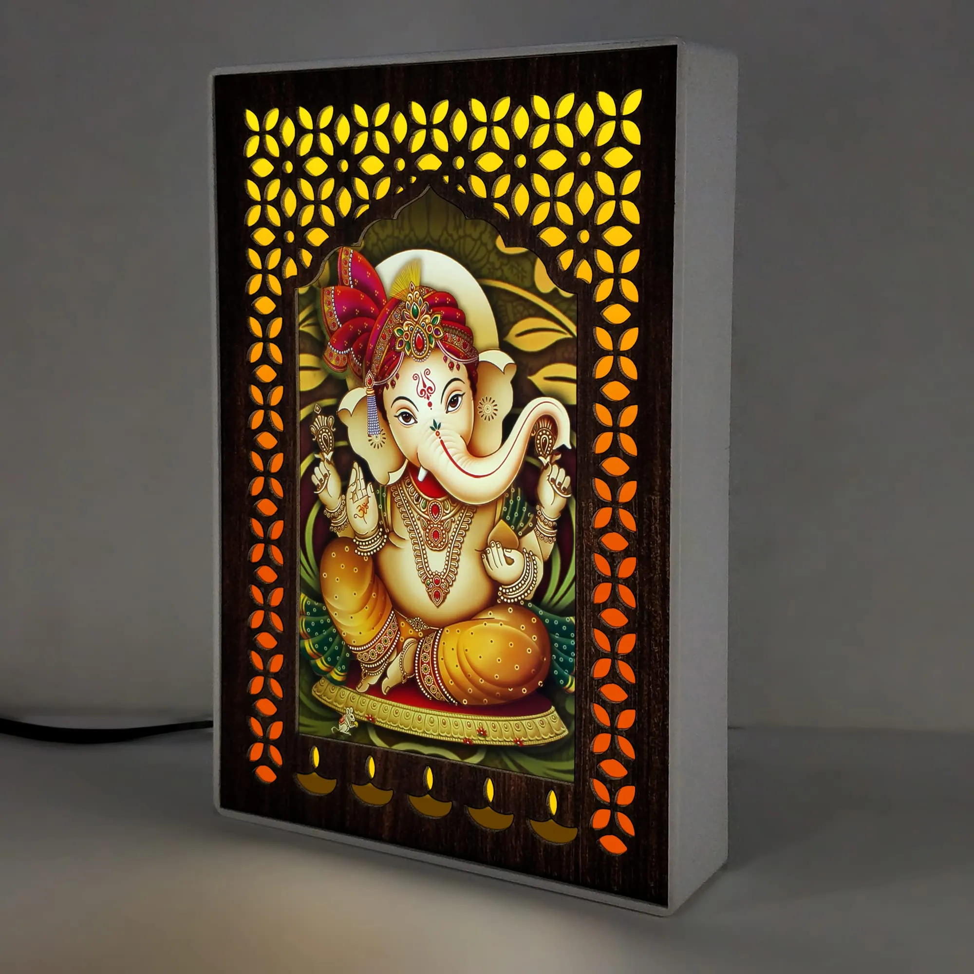 REGALOCASILA Lord Ganesha Photo Frames With Light For Pooja Room Home Decor | Religious Frame | Temple Decoration Good Luck Gift | Office Décor White Cabinet Frame 5DGLF119