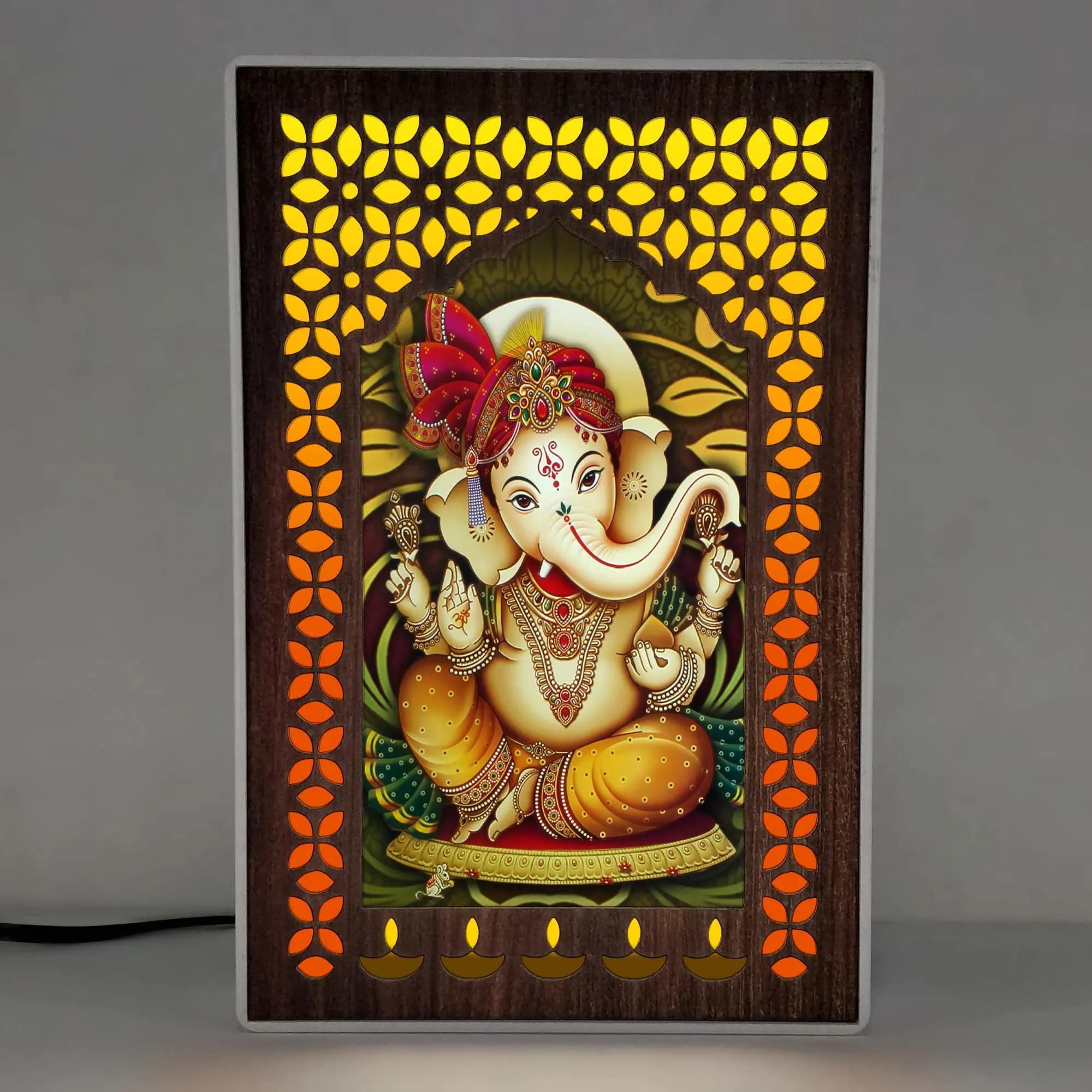 REGALOCASILA Lord Ganesha Photo Frames With Light For Pooja Room Home Decor | Religious Frame | Temple Decoration Good Luck Gift | Office Décor White Cabinet Frame 5DGLF119