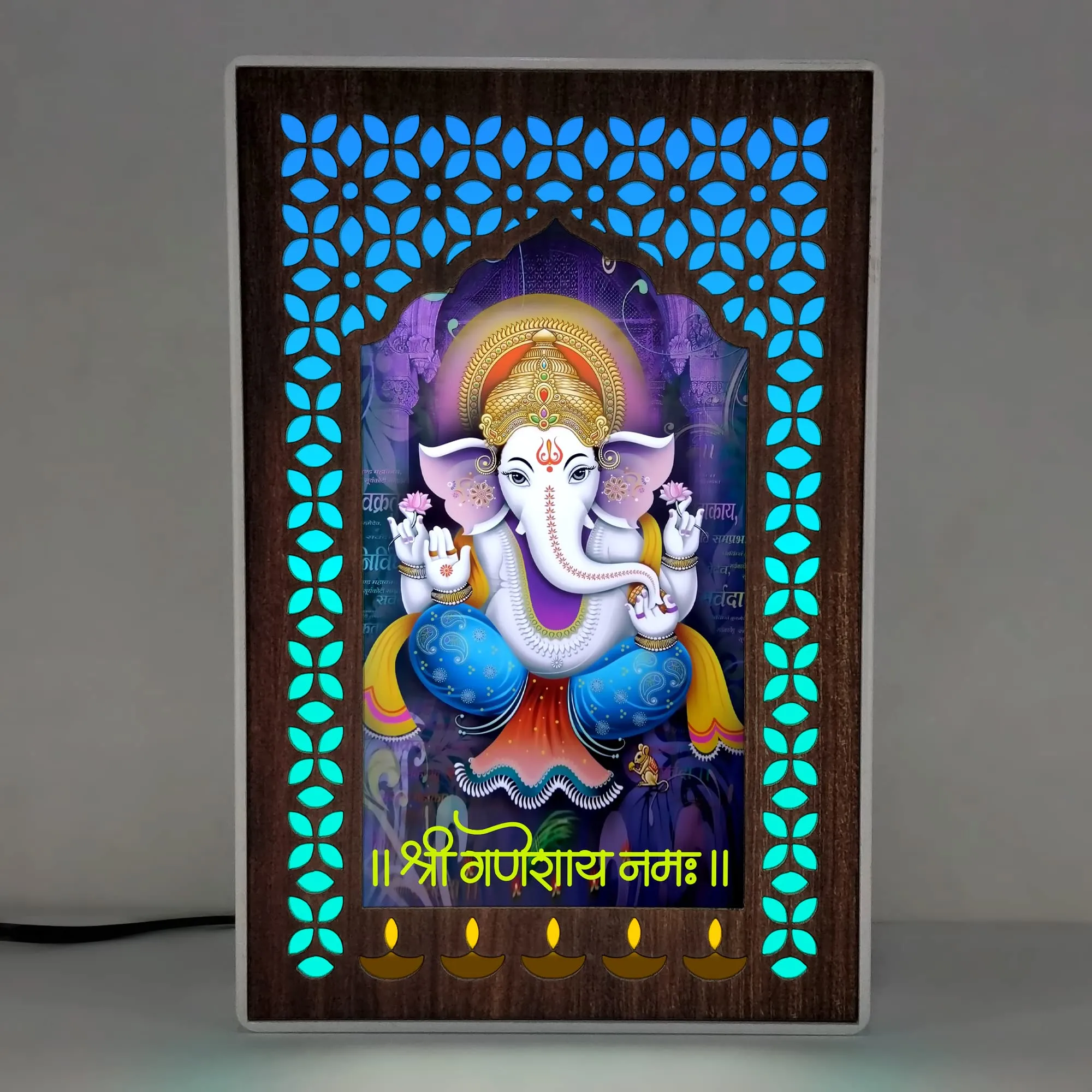 REGALOCASILA Shri Ganesh Ji Photo Frames With Light For Pooja Room Home Decor | Temple Decoration | Religious Frame | Good Luck Gift | Office Decorative Item White Cabinet Frame 5DGLF104