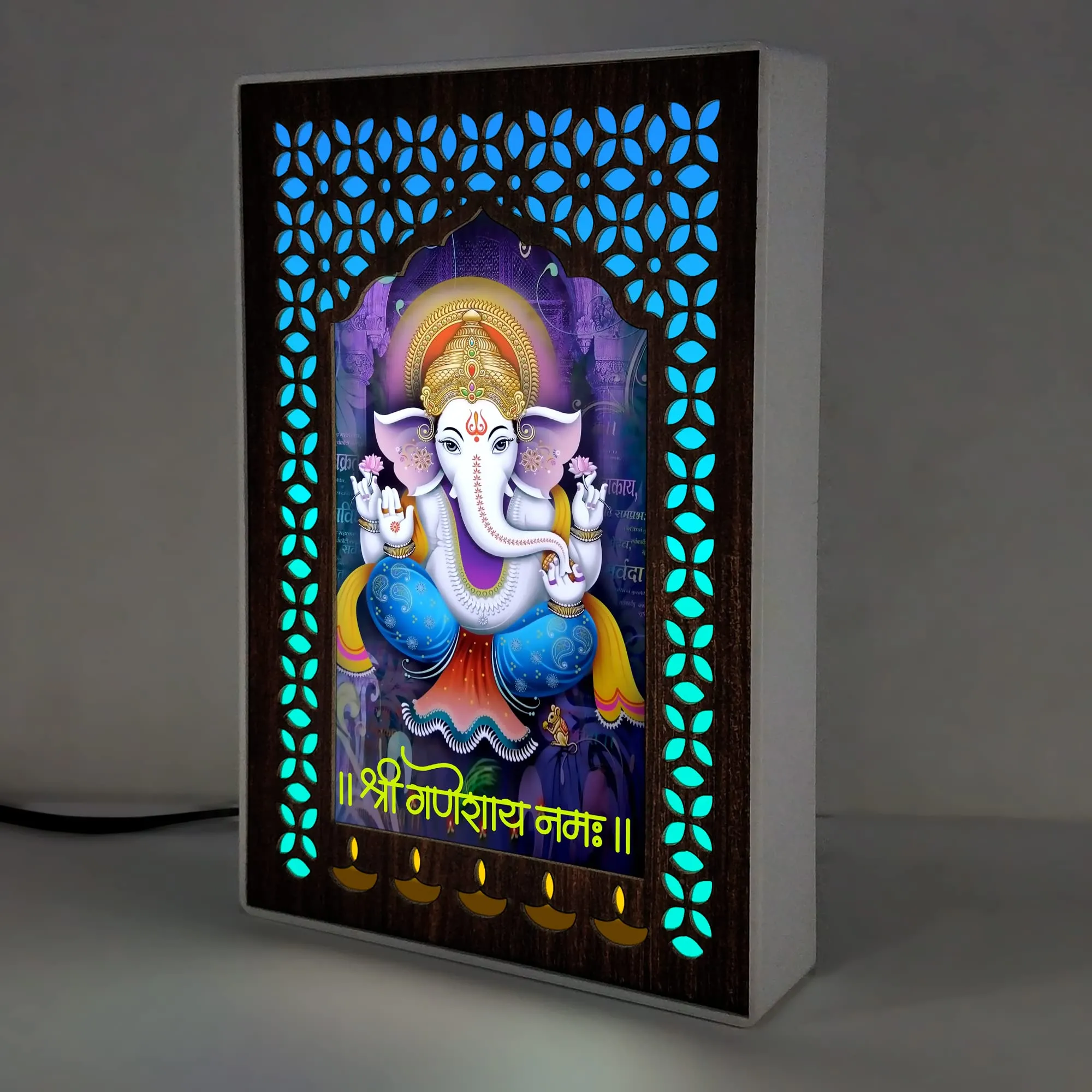 REGALOCASILA Shri Ganesh Ji Photo Frames With Light For Pooja Room Home Decor | Temple Decoration | Religious Frame | Good Luck Gift | Office Decorative Item White Cabinet Frame 5DGLF104