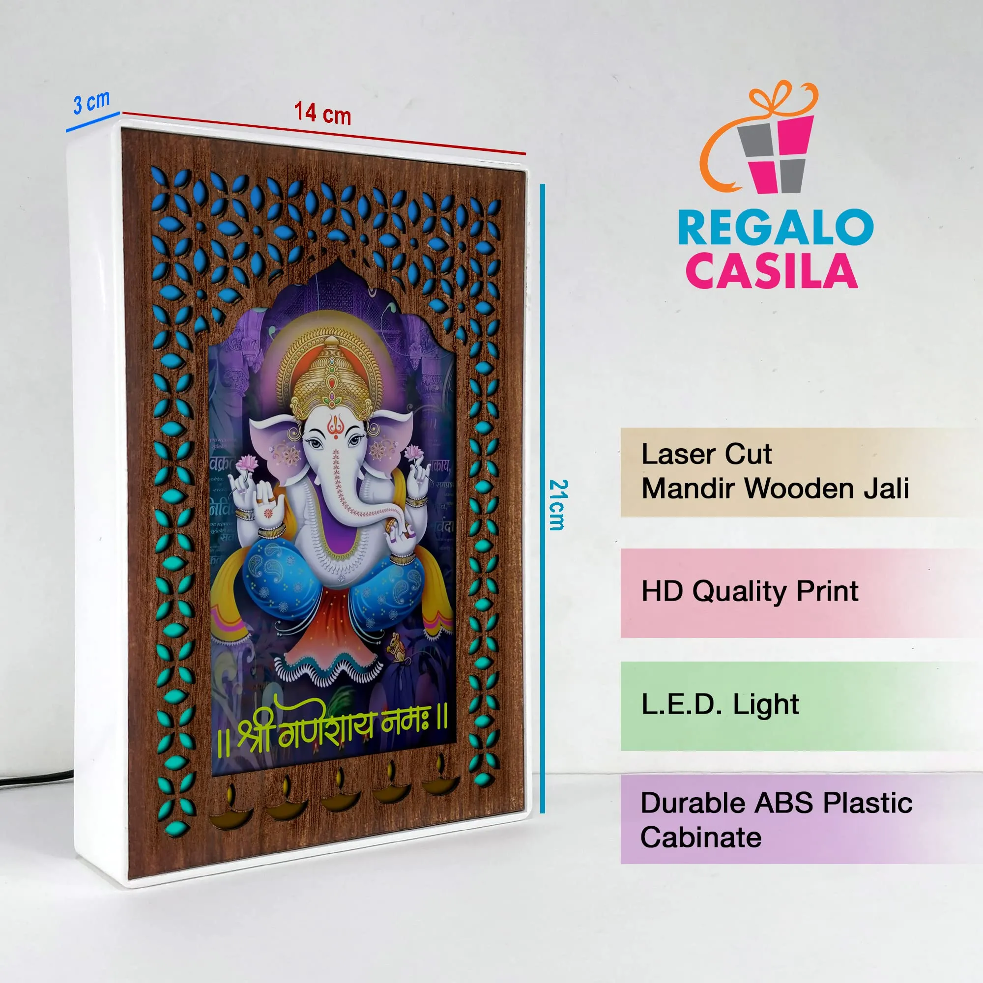 REGALOCASILA Shri Ganesh Ji Photo Frames With Light For Pooja Room Home Decor | Temple Decoration | Religious Frame | Good Luck Gift | Office Decorative Item White Cabinet Frame 5DGLF104