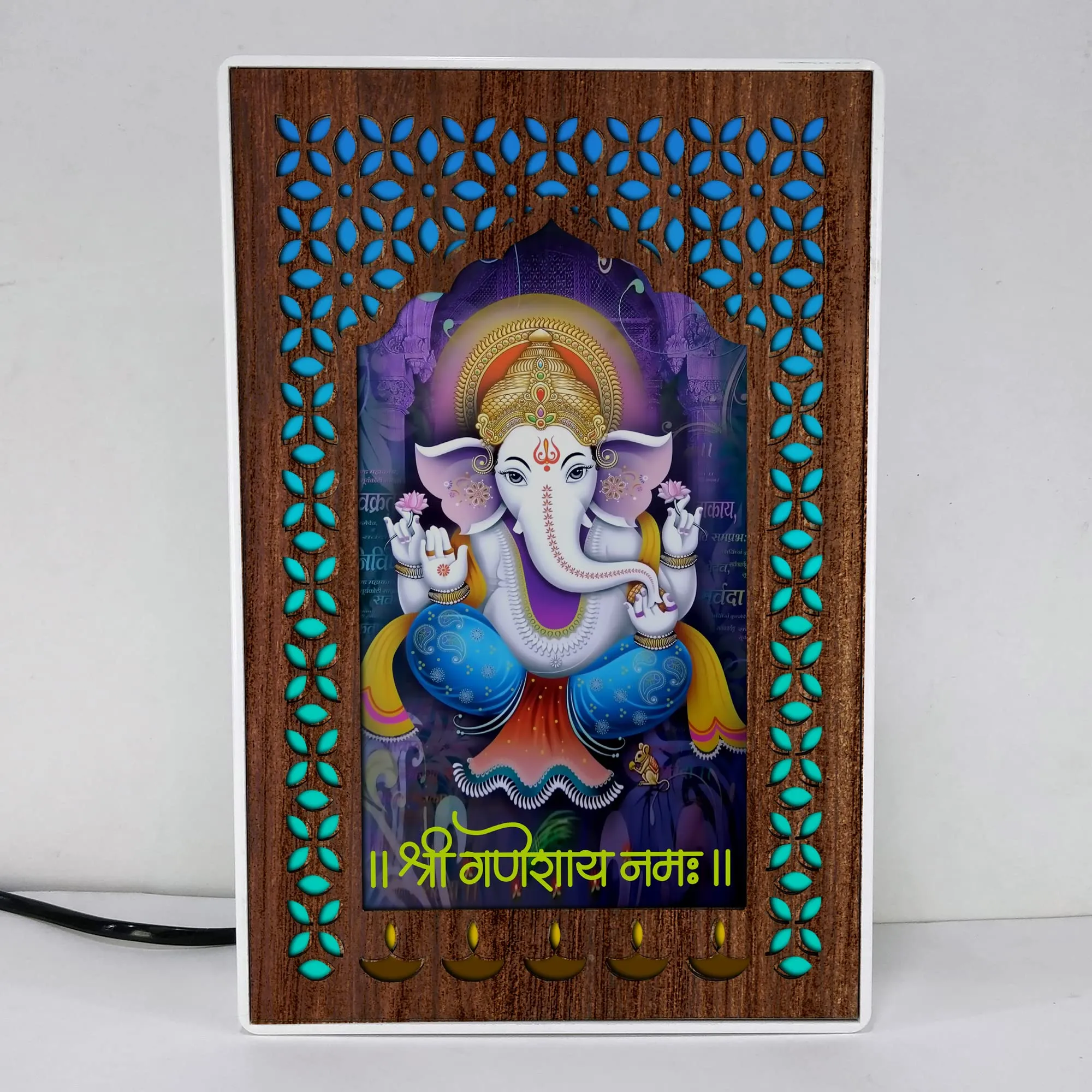 REGALOCASILA Shri Ganesh Ji Photo Frames With Light For Pooja Room Home Decor | Temple Decoration | Religious Frame | Good Luck Gift | Office Decorative Item White Cabinet Frame 5DGLF104