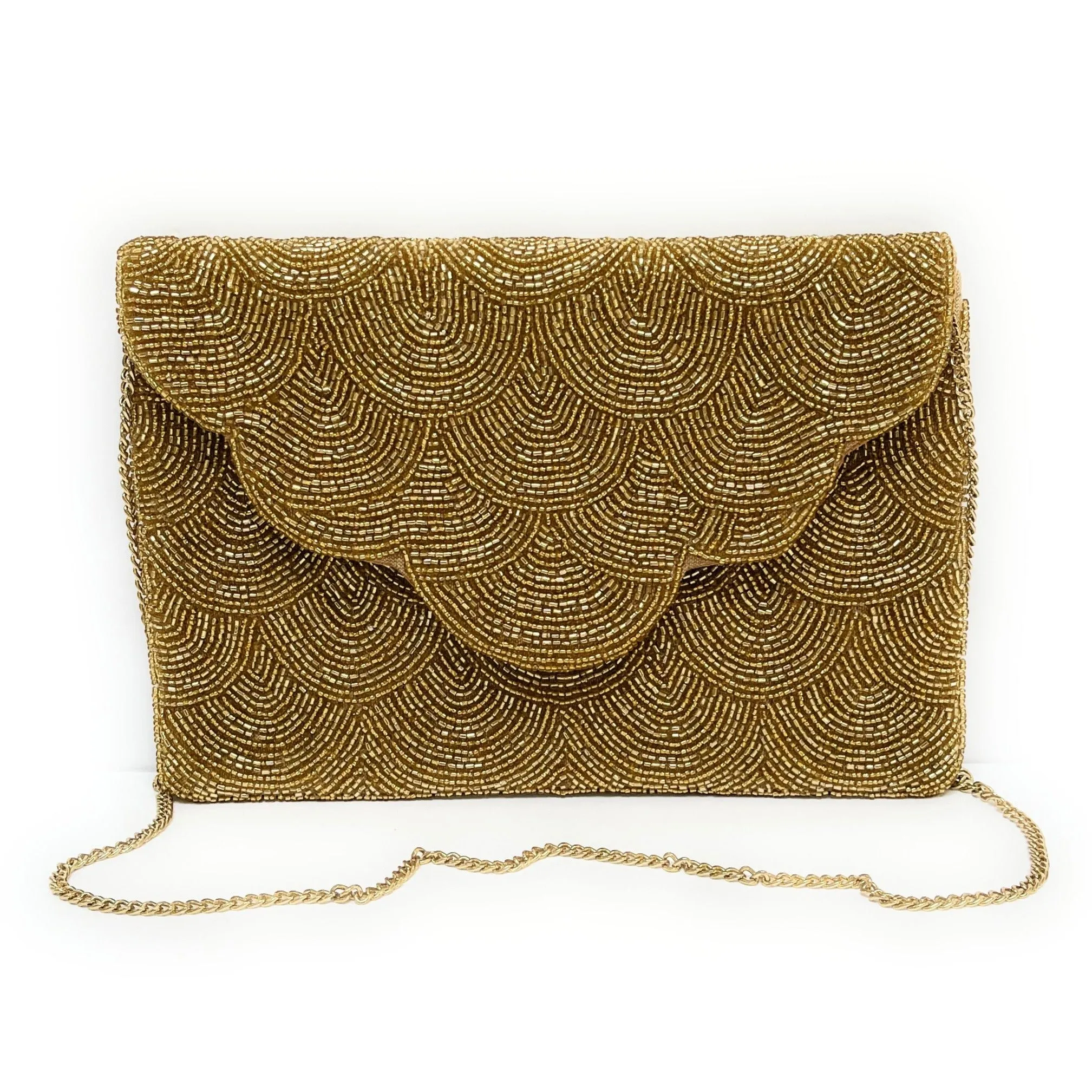 Scalloped Gold Beaded Clutch Purse