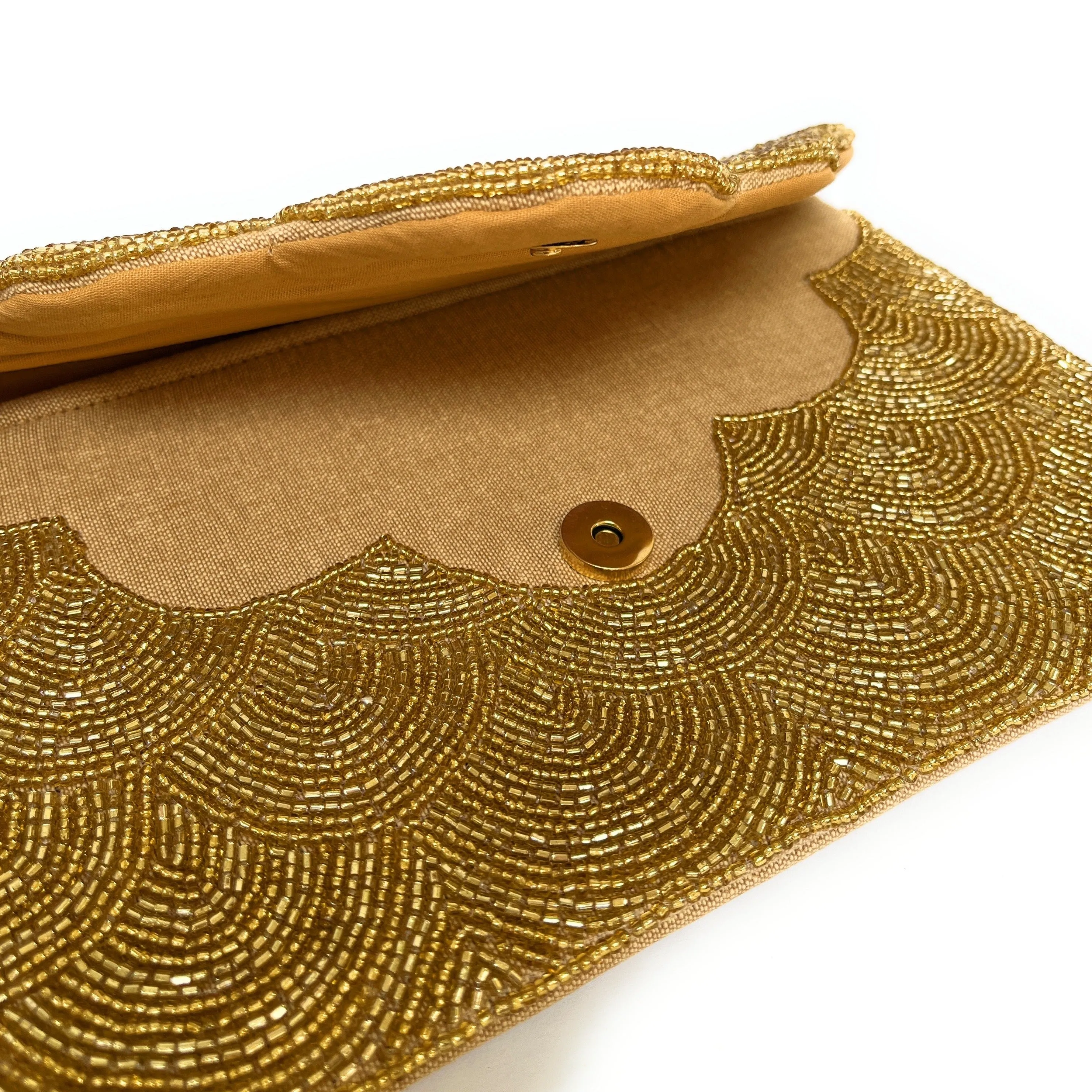 Scalloped Gold Beaded Clutch Purse