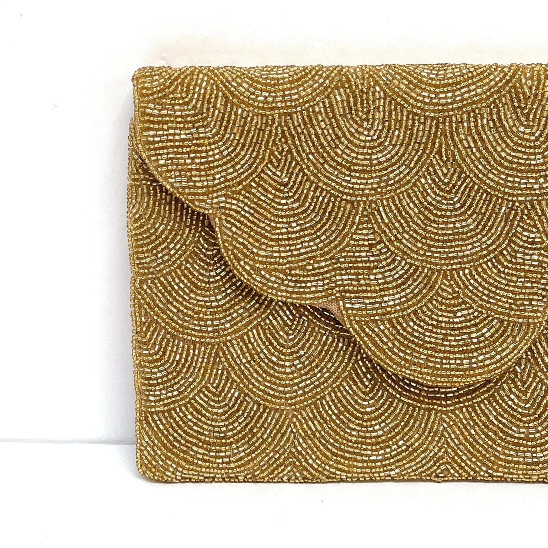 Scalloped Gold Beaded Clutch Purse