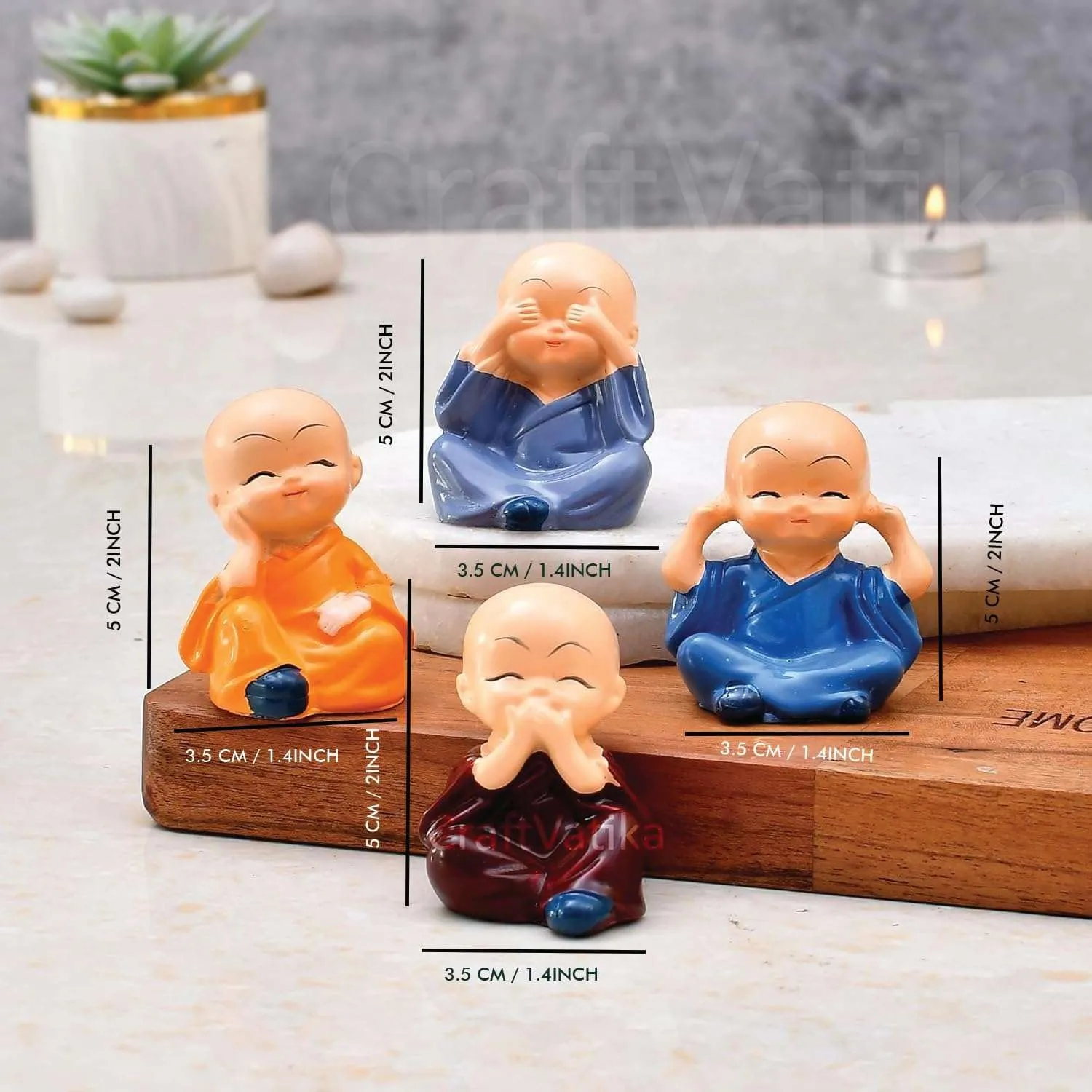 Set of 4, Baby Buddha Monk Home Decor Items Small Decorative Items Show Pieces Feng Shui Items Idols Gift Living Room/Hall/Bedroom/Office Show Piece Sculpture Murti (Style_1