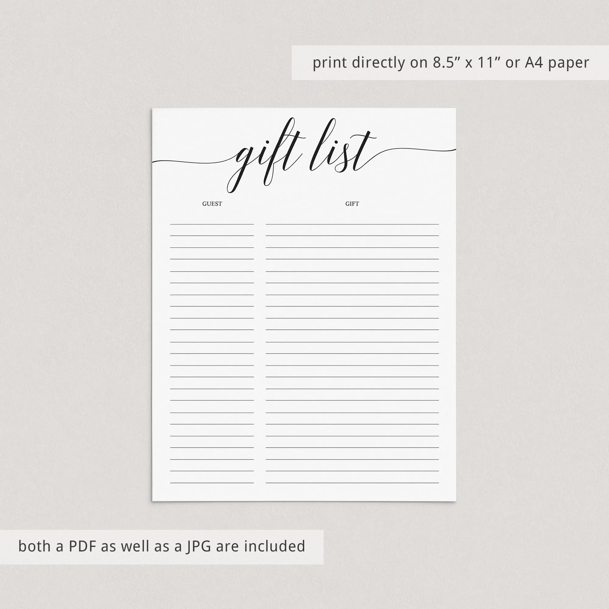 Simple Gift List Printable Calligraphy Font