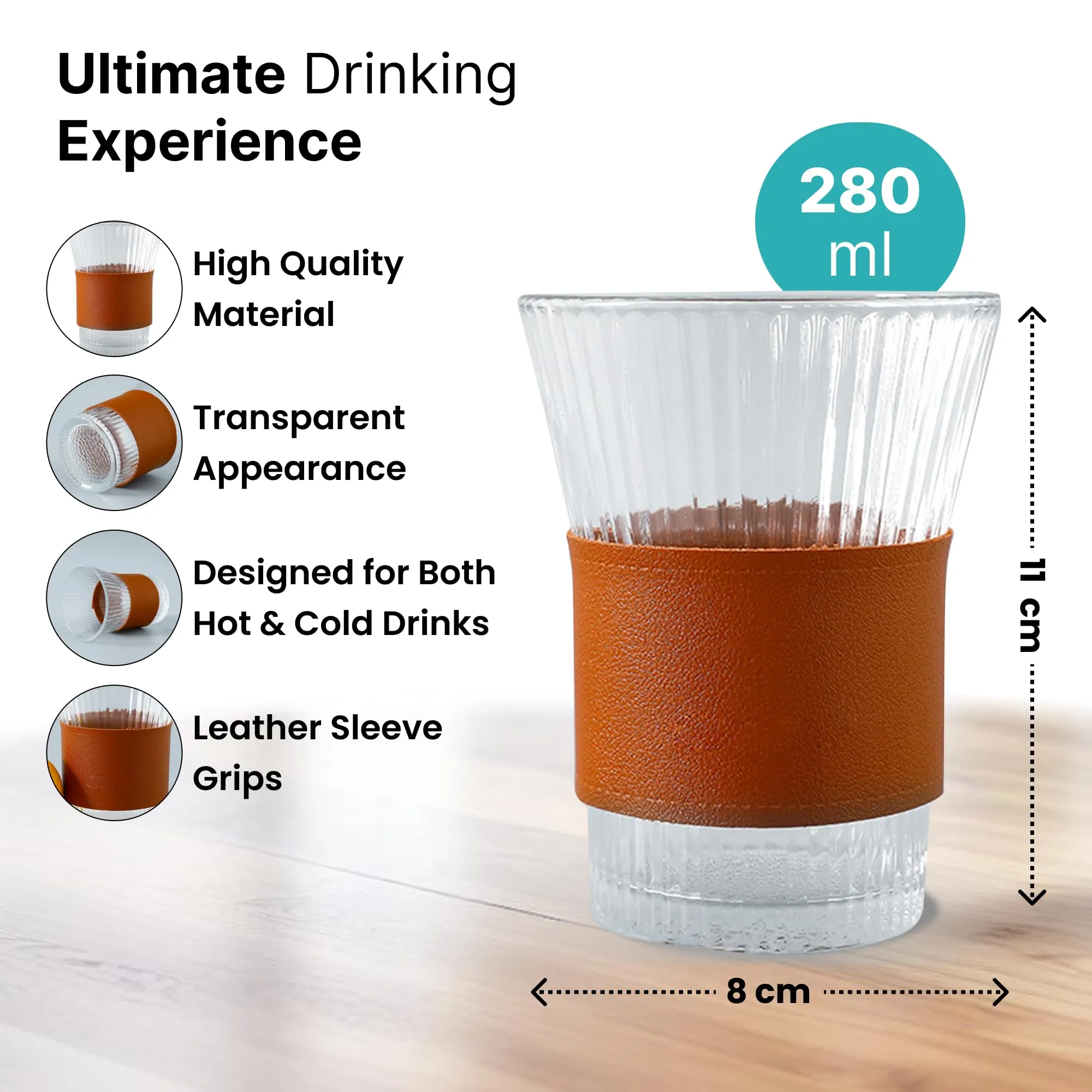 The Better Home Glass Tea Cup (Set of 4-280ml Each) Lead Free Coffee Cup with Leather Sleeve Grip | Scratch-Resistance Tea Cup Set | House Warming Gifts for New Home | Return Gifts for Women