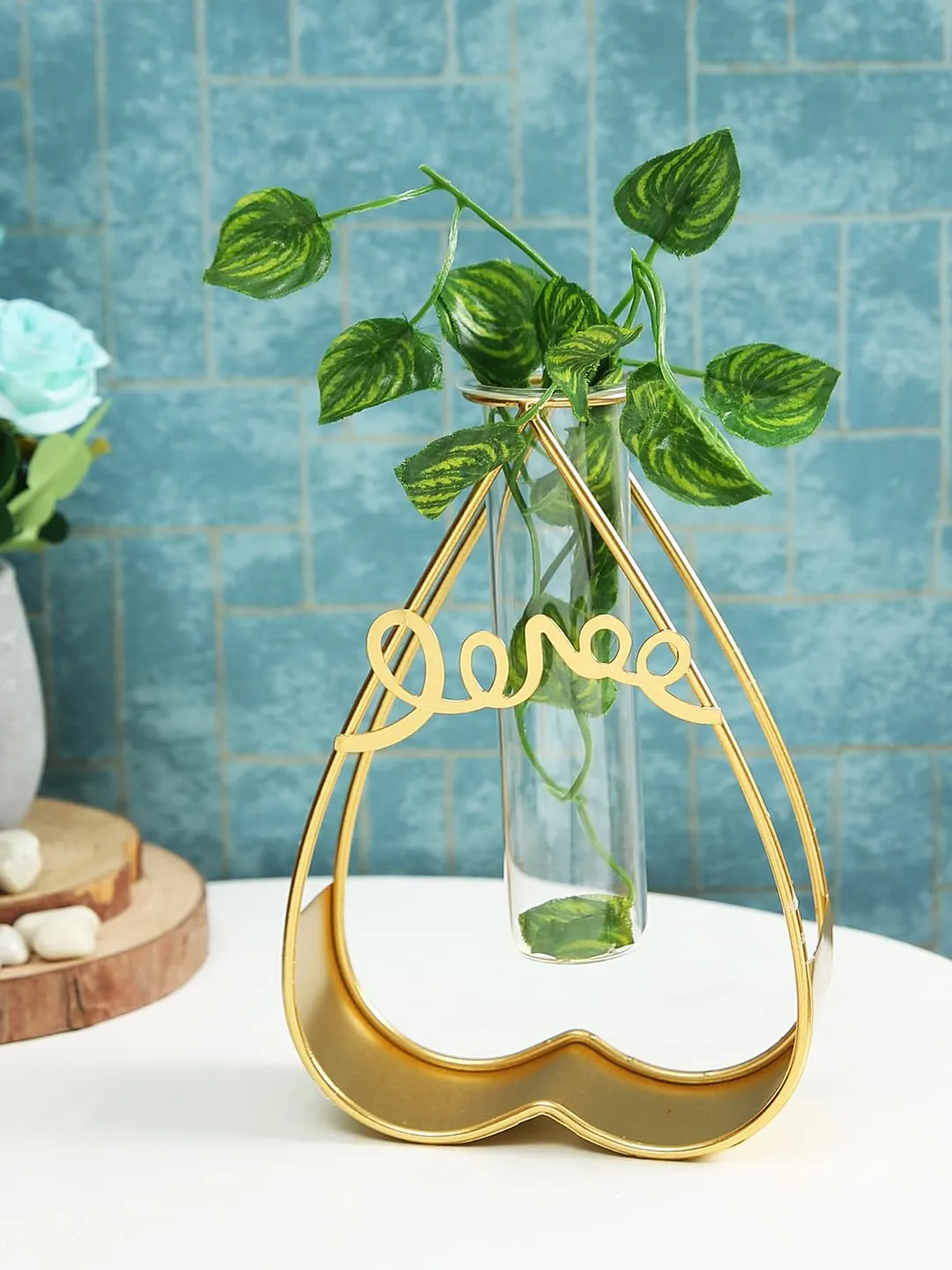 TIED RIBBONS Decorative Propagation Station with Metal holder Glass Test Tube Vase for Flower Plants Home Decor Office Living Room Bedroom Table Gifts Decoration Items (Gold, 20.3 cm x 15.2 cm)