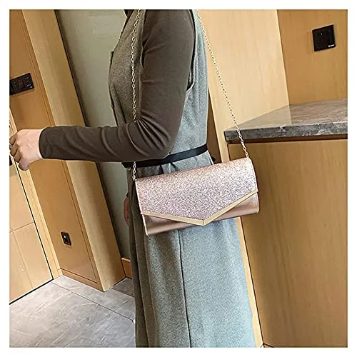 Women Shiny Sequins Evening Clutch Bag with Chain,Envelope Shaped Evening Handbag Purse Wallet, Crossbody Bags Prom Bag for Wedding Prom Dinner Evening Party Prom Gift for Mom Wife (Rose Gold)