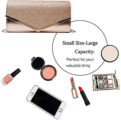 Women Shiny Sequins Evening Clutch Bag with Chain,Envelope Shaped Evening Handbag Purse Wallet, Crossbody Bags Prom Bag for Wedding Prom Dinner Evening Party Prom Gift for Mom Wife (Rose Gold)